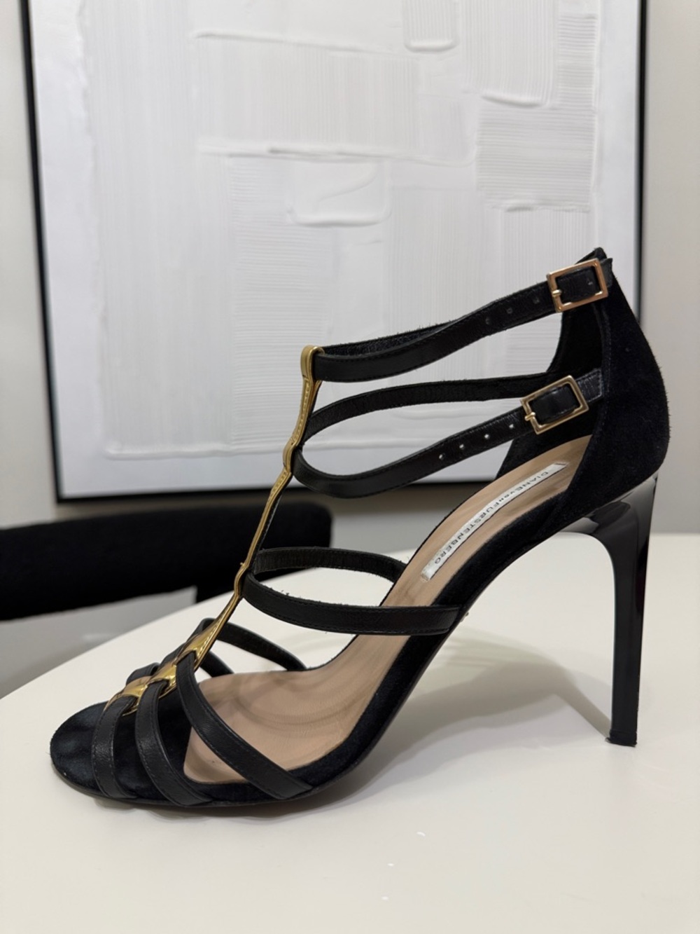 Diane Von Furstenberg Black and Gold Strappy High Heel Sandals DVF - Picture 9 of 9